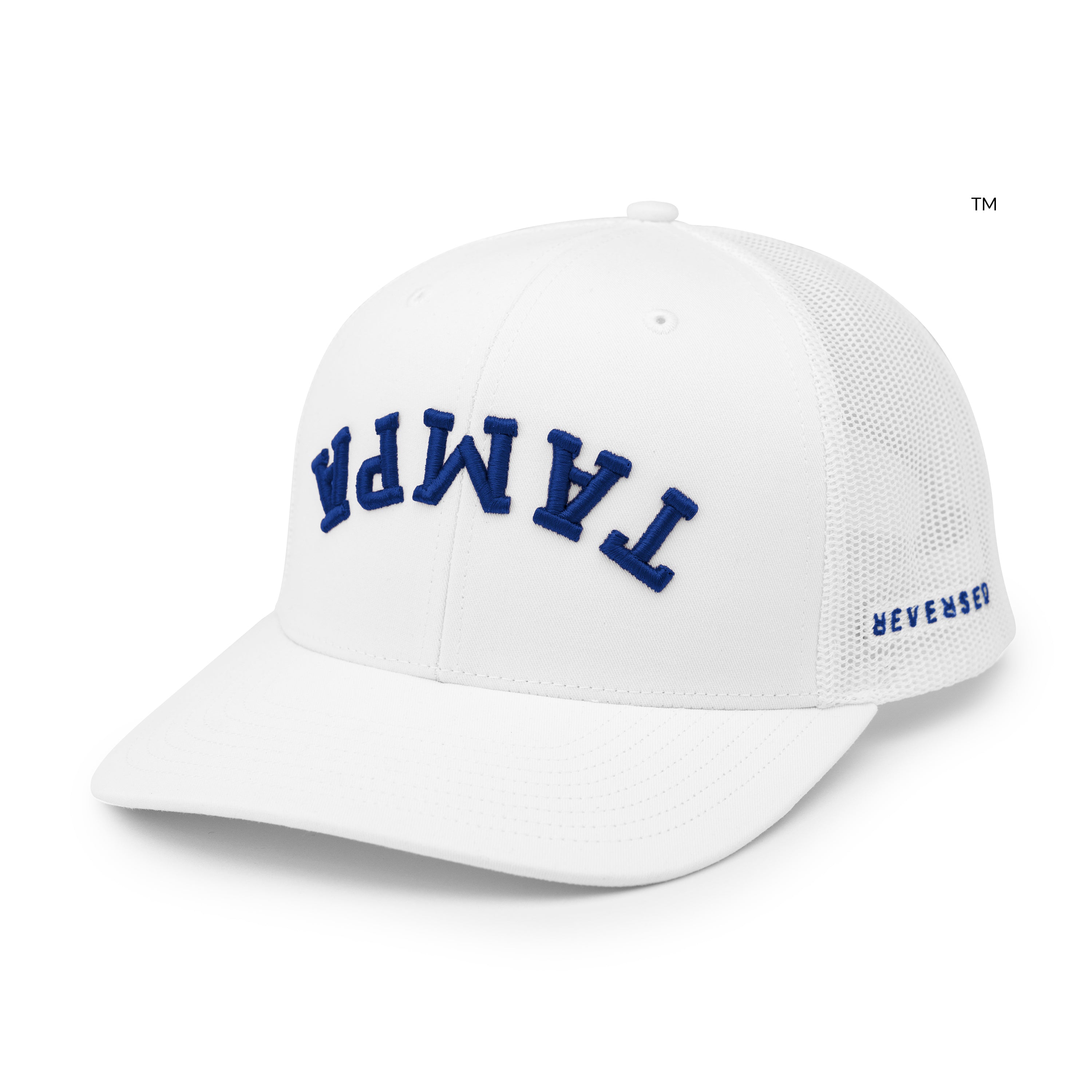 Upside Down Tampa Hat Trucker: White Blue